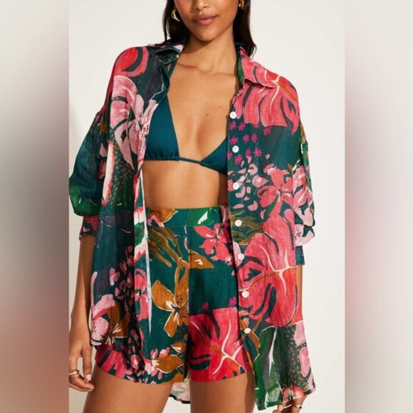 Vitamin A Playa Linen Boyfriend Shirt in Painted Jungle Size S NWT - Picture 1 of 7